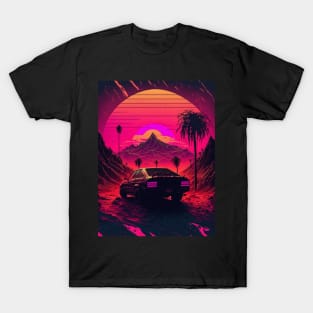 80s Stylized Car Parked Before Synthwave Sun T-Shirt